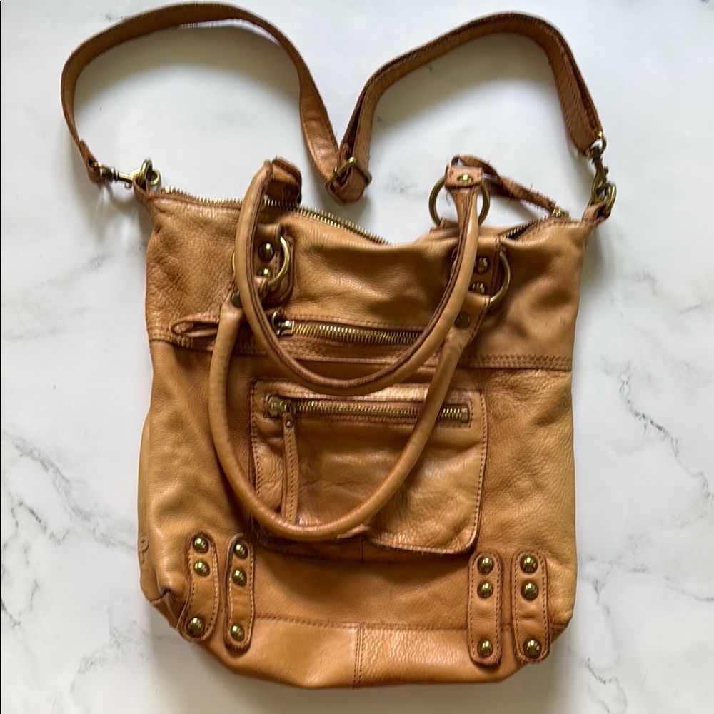 Linea Pelle Tan Leather Shoulder Bag with Brass Details